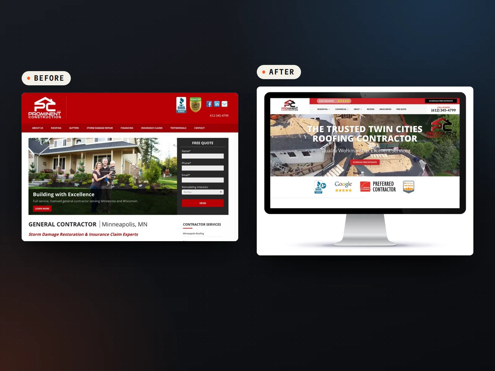 Website, before and after, from the client report